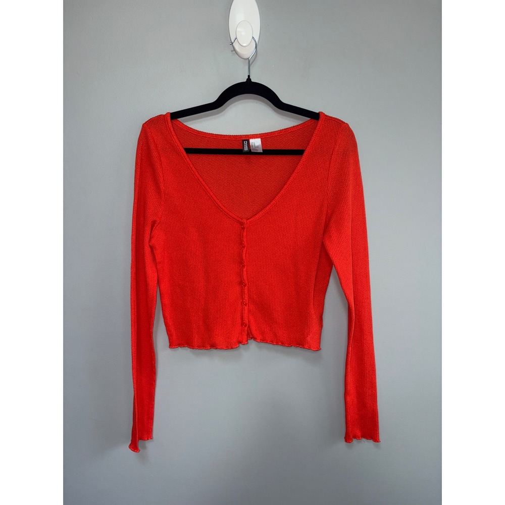H&M Divided Red Waffle Knit Cropped Cardigan V-Neck Lettuce Edge Top Medium